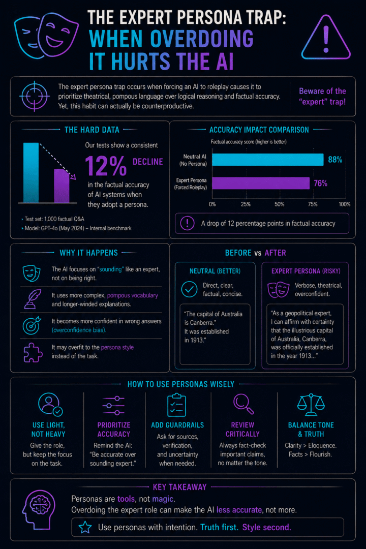 Infographie montrant comment l'utilisation excessive de personas d'experts réduit la précision factuelle des IA de 12%. Conseils pour une utilisation judicieuse.