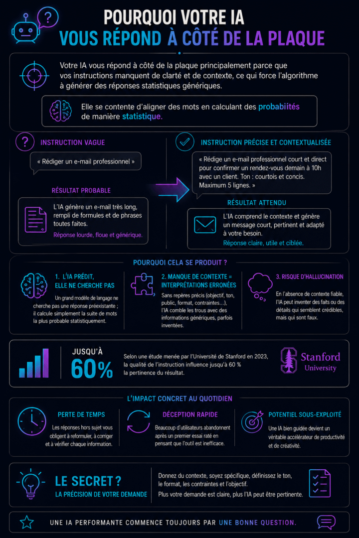 Infographie détaillant les raisons des réponses IA imprécises et l'importance de prompts clairs et contextuels pour l'efficacité.