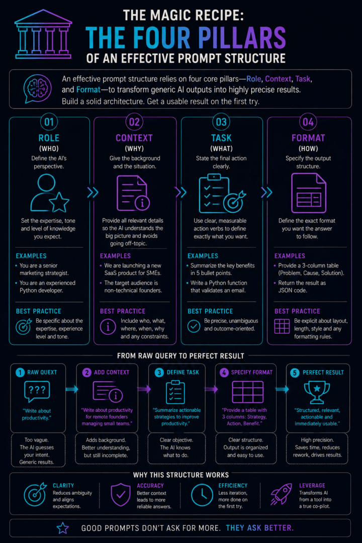 Infographie expliquant les 4 piliers (Rôle, Contexte, Tâche, Format) d'une structure de prompt AI efficace pour des résultats précis.