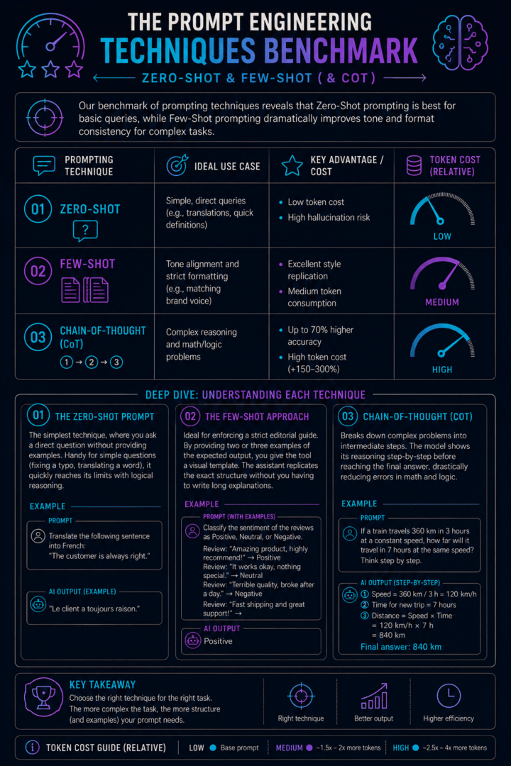 Benchmark des techniques de prompt engineering: Zero-Shot, Few-Shot et Chain-of-Thought. Guide pratique d'usages, avantages et coûts.