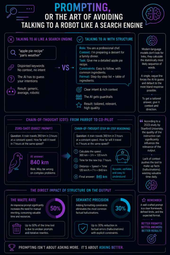 Infographie comparant les prompts IA vagues aux prompts structurés, montrant les techniques Chain-of-Thought et l'impact sur la qualité.