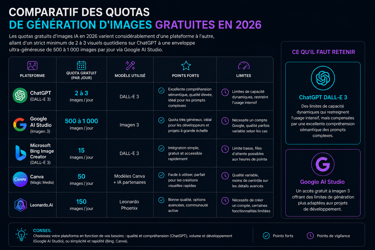 Tableau comparatif des quotas de génération IA gratuits en 2026 pour ChatGPT, Google AI Studio, Bing, Canva, Leonardo.Ai.