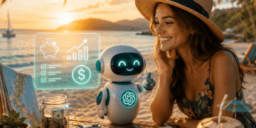 Femme souriante et robot ChatGPT sur une plage au coucher du soleil, planifiant des économies de vacances avec des icônes financières.