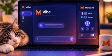 Interface Vibe (Mistral AI) sur laptop, affichant chat, options de code et souveraineté des données, avec un chat curieux.