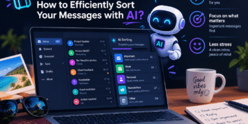 AI robot efficiently sorts a cluttered email inbox on a laptop, with vacation items nearby, highlighting productivity benefits.