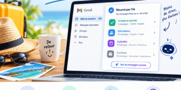 Écran Gmail affichant un résumé IA pour un tri efficace des messages après les vacances, avec valise et chapeau de paille.