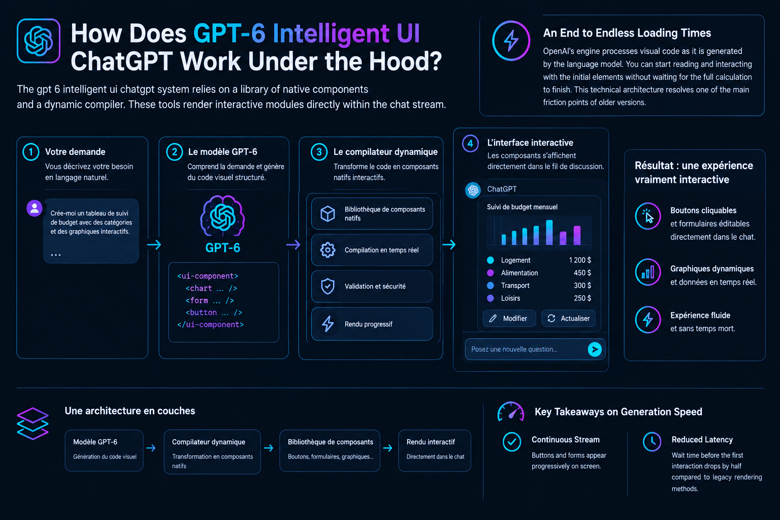Detailed diagram illustrating GPT-6 Intelligent UI's architecture, from user prompt to interactive ChatGPT interface with real-time data.