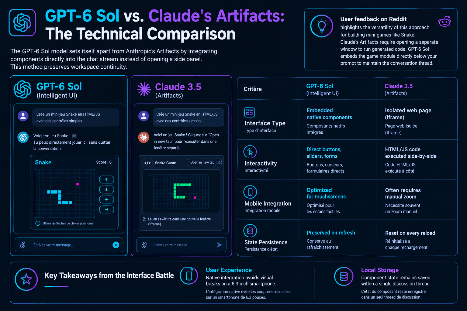 My technical comparison of GPT-6 Sol's embedded UI vs. Claude 3.5's Artifacts, highlighting superior interactivity and integration.