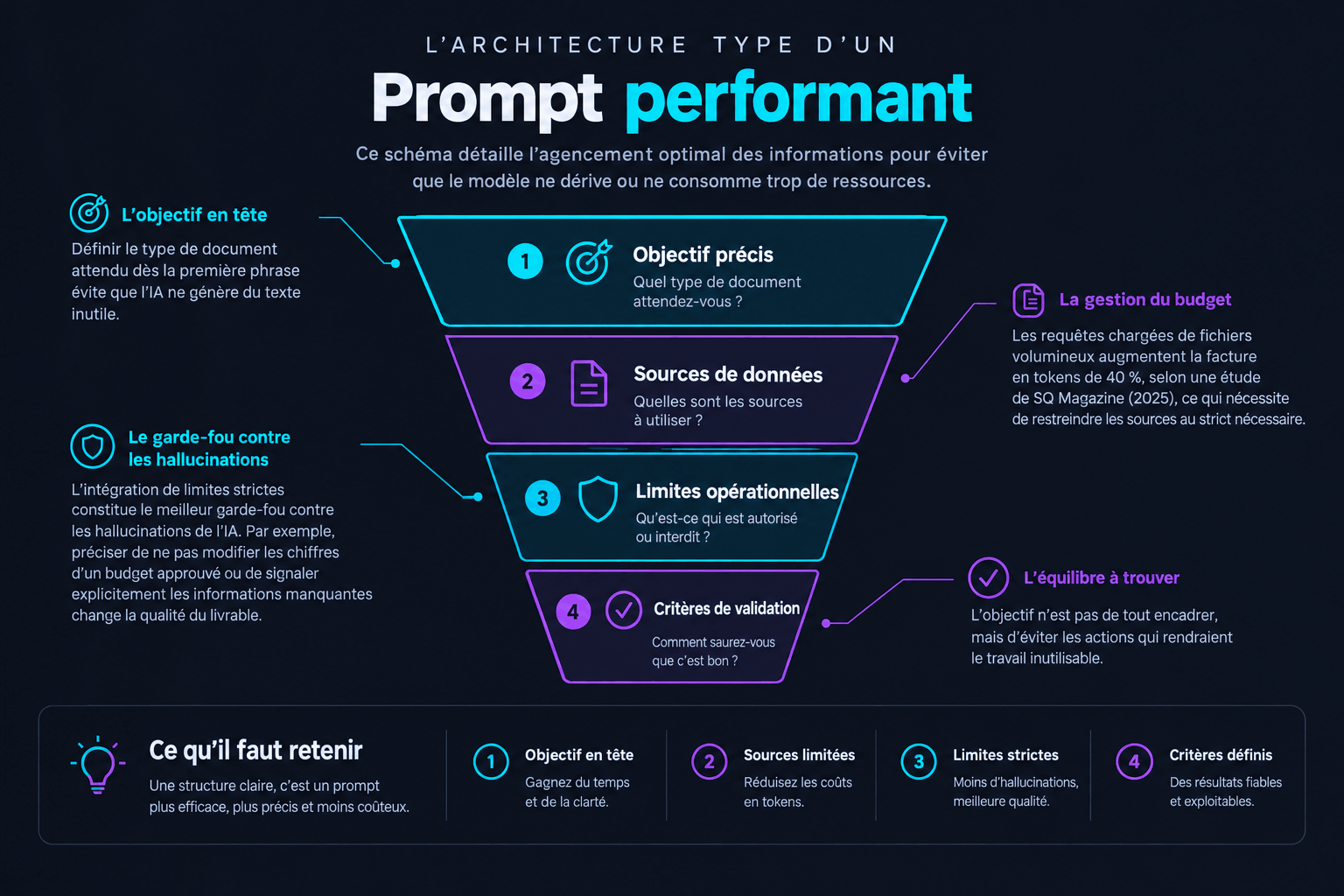 Architecture d'un prompt ChatGPT performant : objectif précis, sources, limites opérationnelles et critères de validation.