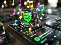 3D Spotify logo and colorful musical notes floating above a smartphone. Symbolizes the AI reinventing music curation and playlists.