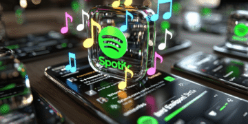 Logo Spotify 3D et notes de musique colorées flottant au-dessus d'un smartphone. Symbolise l'IA réinventant la curation musicale et les playlists.