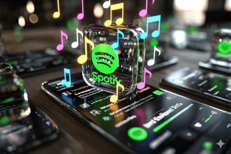 3D Spotify logo and colorful musical notes floating above a smartphone. Symbolizes the AI reinventing music curation and playlists.