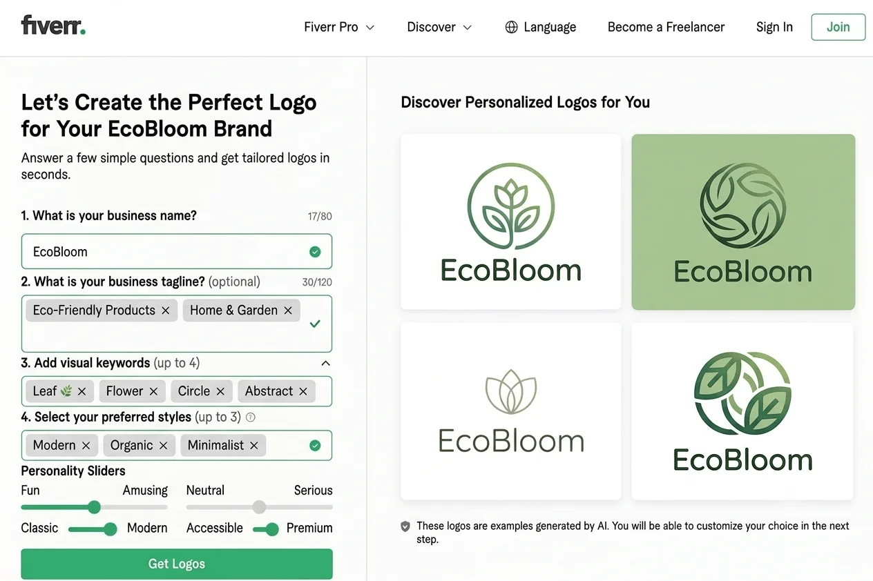 Grille de variations de logos EcoBloom générées par l'IA de Fiverr, avec des motifs floraux et végétaux.