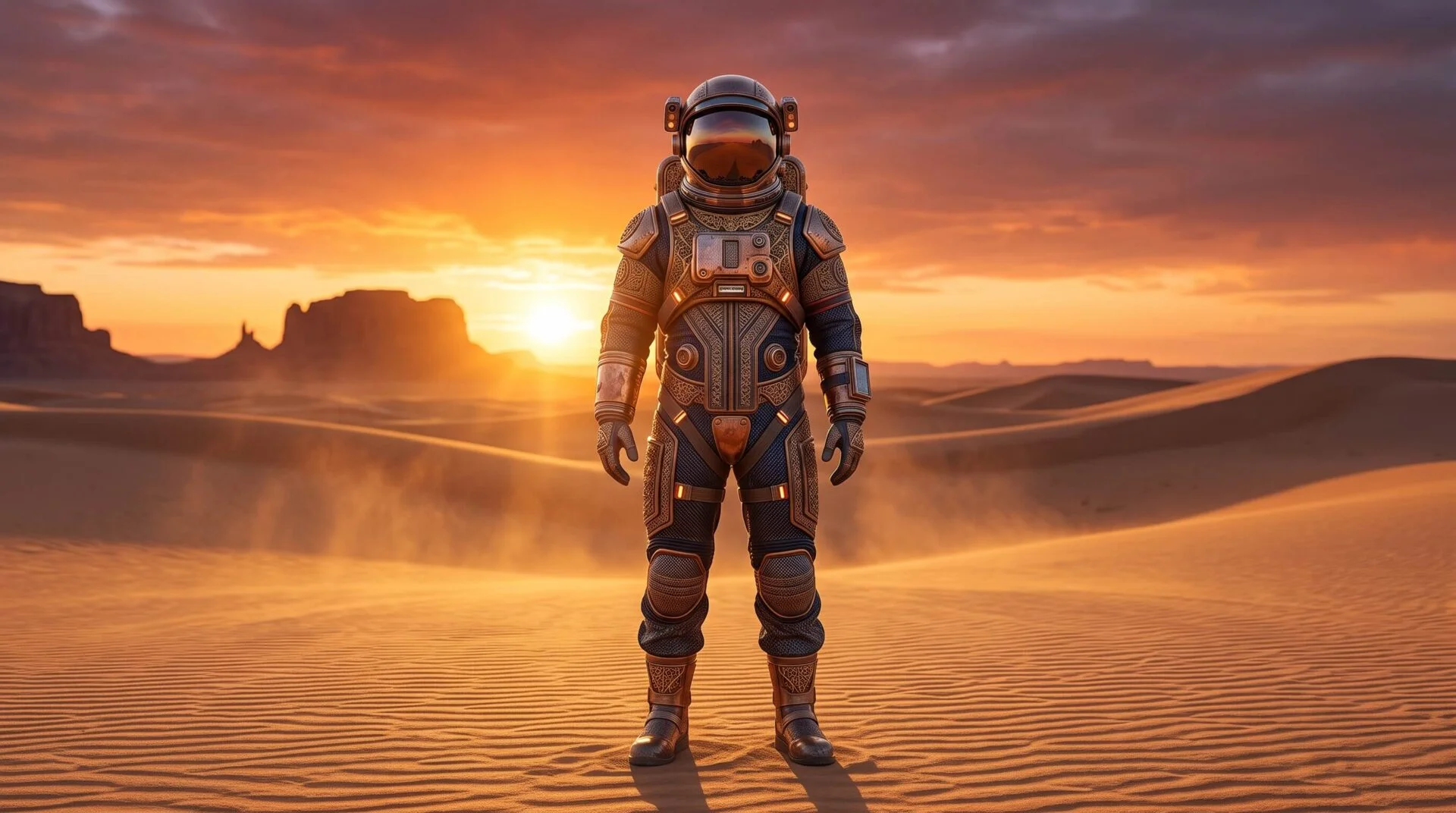 Astronaute au design complexe, debout dans un désert de dunes sous un coucher de soleil orange flamboyant, illustration Midjourney.