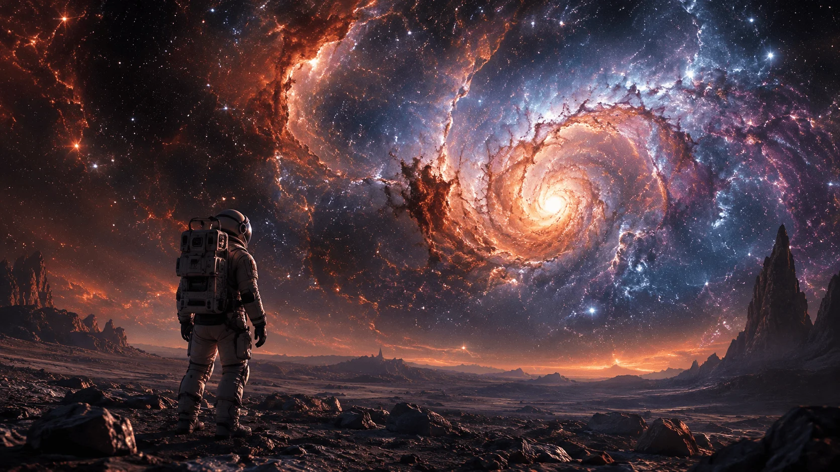 Astronaute sur une planète rocheuse observant une galaxie spirale aux couleurs vives dans un ciel étoilé, généré par Midjourney.