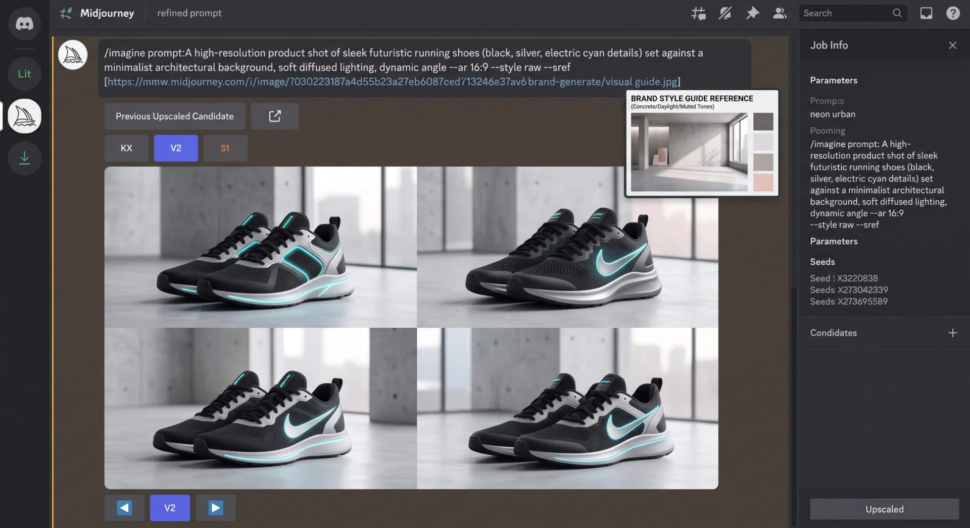 Interface Midjourney: quatre paires de baskets futuristes noires et cyan générées, prompt et paramètres visibles.