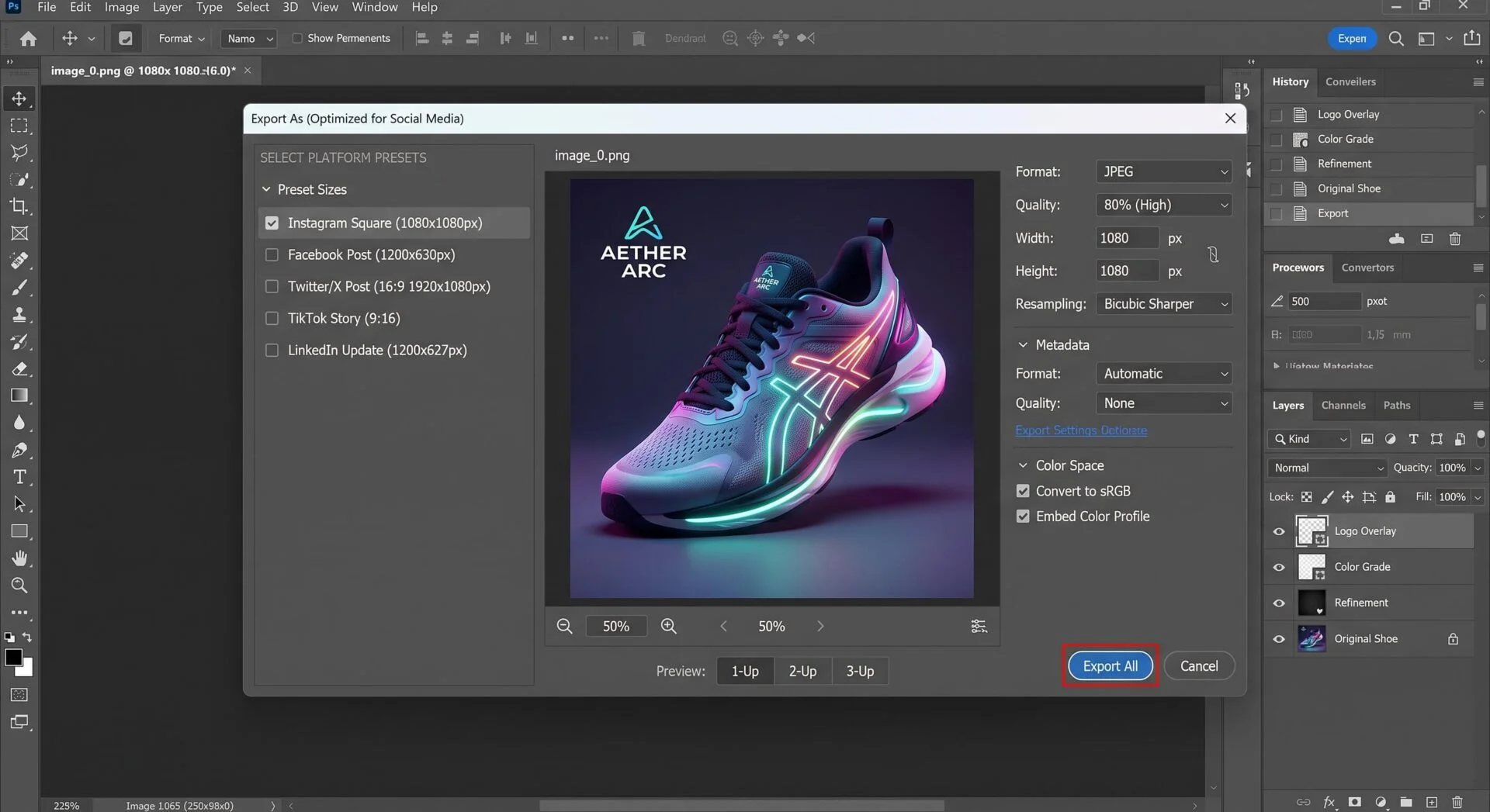 Exportation d'un concept de chaussure futuriste Midjourney, prêt pour les réseaux sociaux, démontrant la qualité des rendus IA.