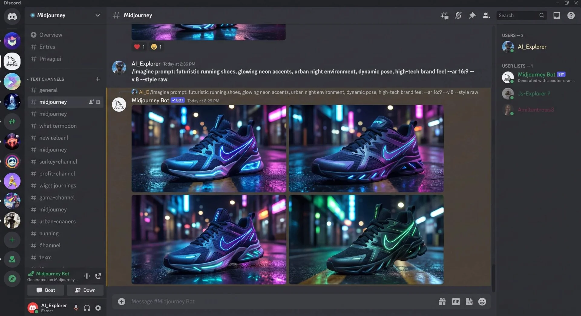 Rendu Midjourney de quatre paires de chaussures de course futuristes avec accents néon, générées via Discord pour un test d'IA.