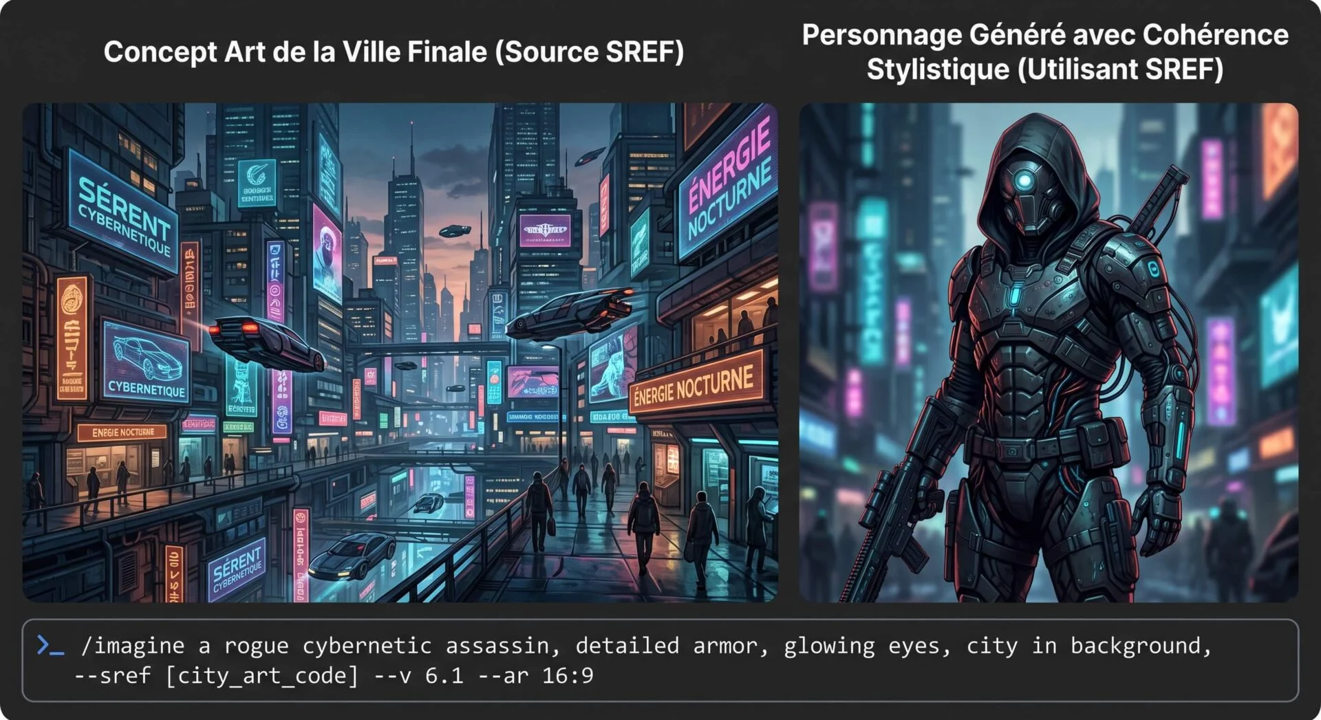 Midjourney : ville cyberpunk futuriste et assassin cybernétique, illustrant la cohérence stylistique via SREF.