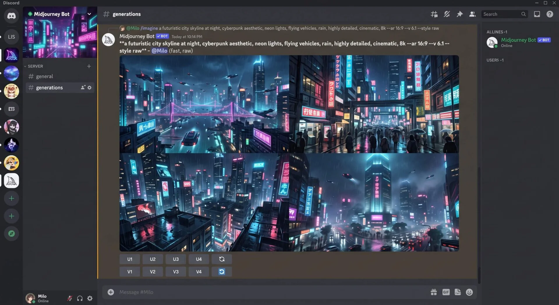 Interface Midjourney sur Discord, affichant quatre variations d'une ville cyberpunk futuriste, néons, véhicules volants, pluie.