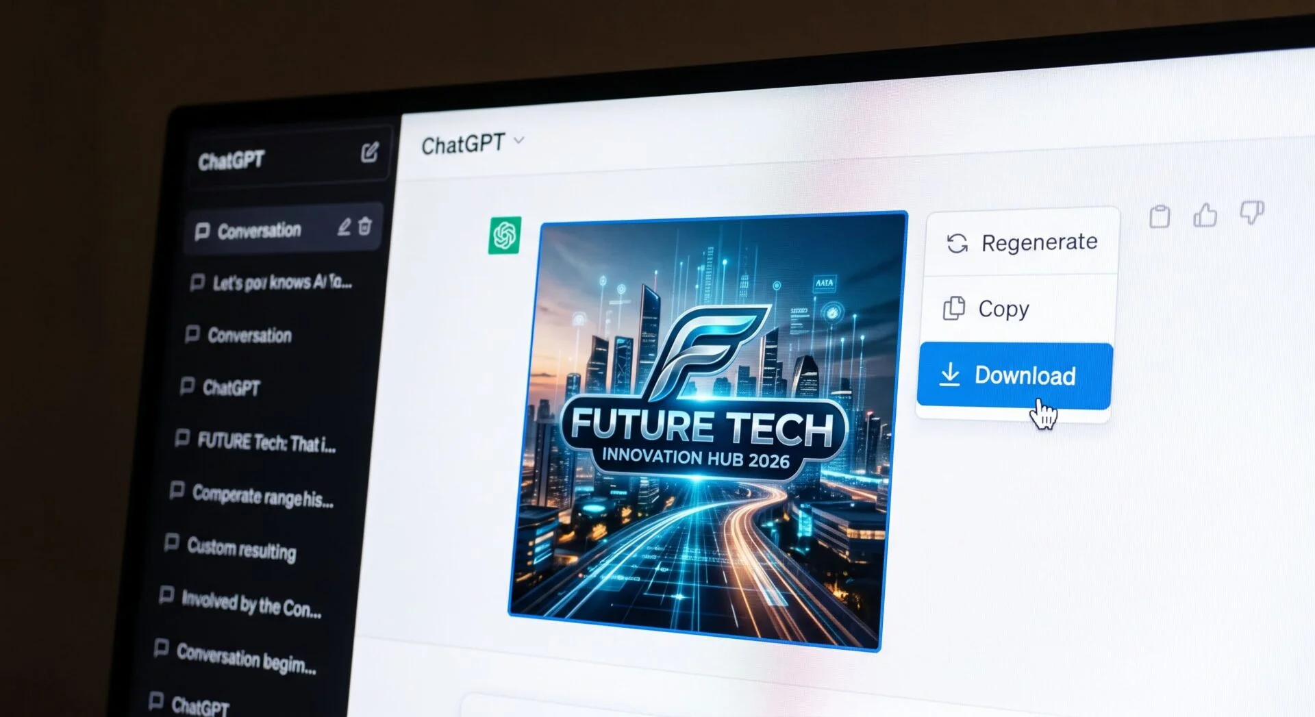 Écran d'ordinateur montrant une création DALL-E 3 dans ChatGPT, un logo "FUTURE TECH INNOVATION HUB 2026" avec un curseur de téléchargement.