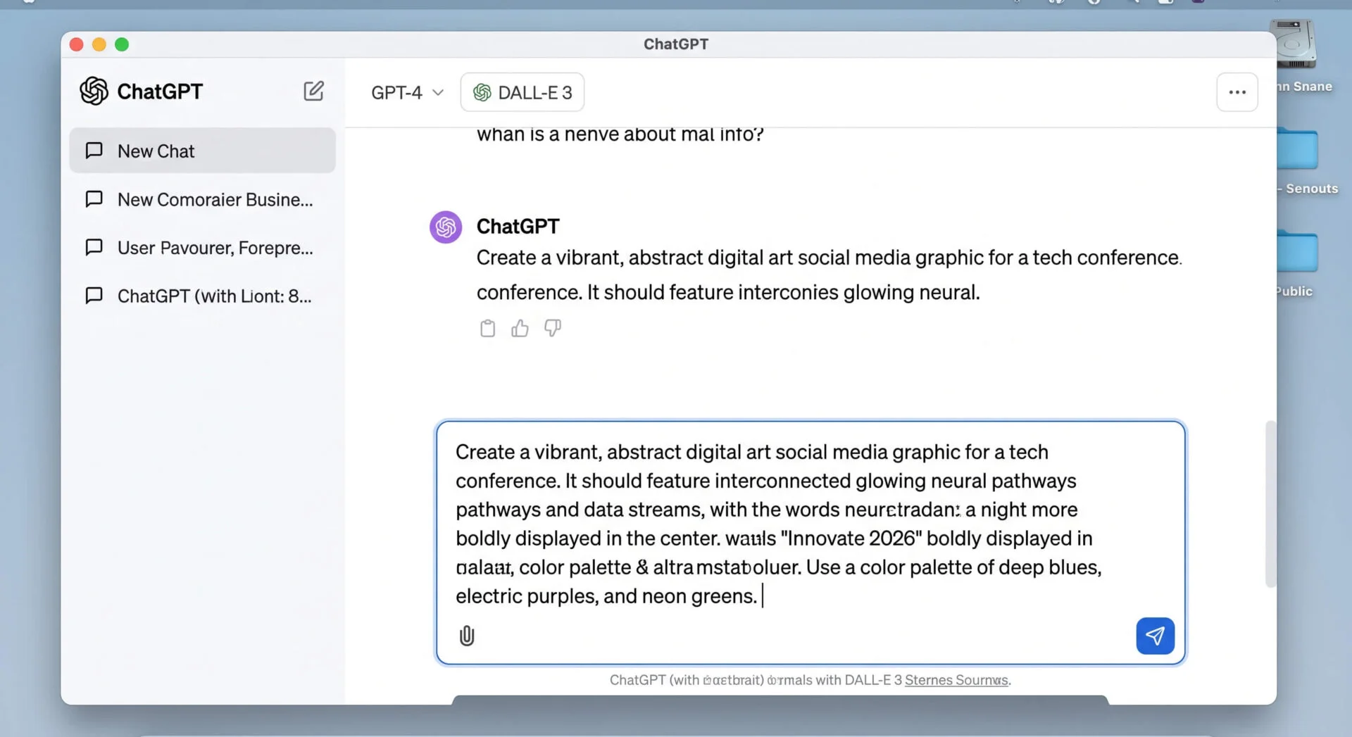 Interface ChatGPT avec DALL-E 3, illustrant un prompt complexe pour la création d'une œuvre d'art numérique abstraite.