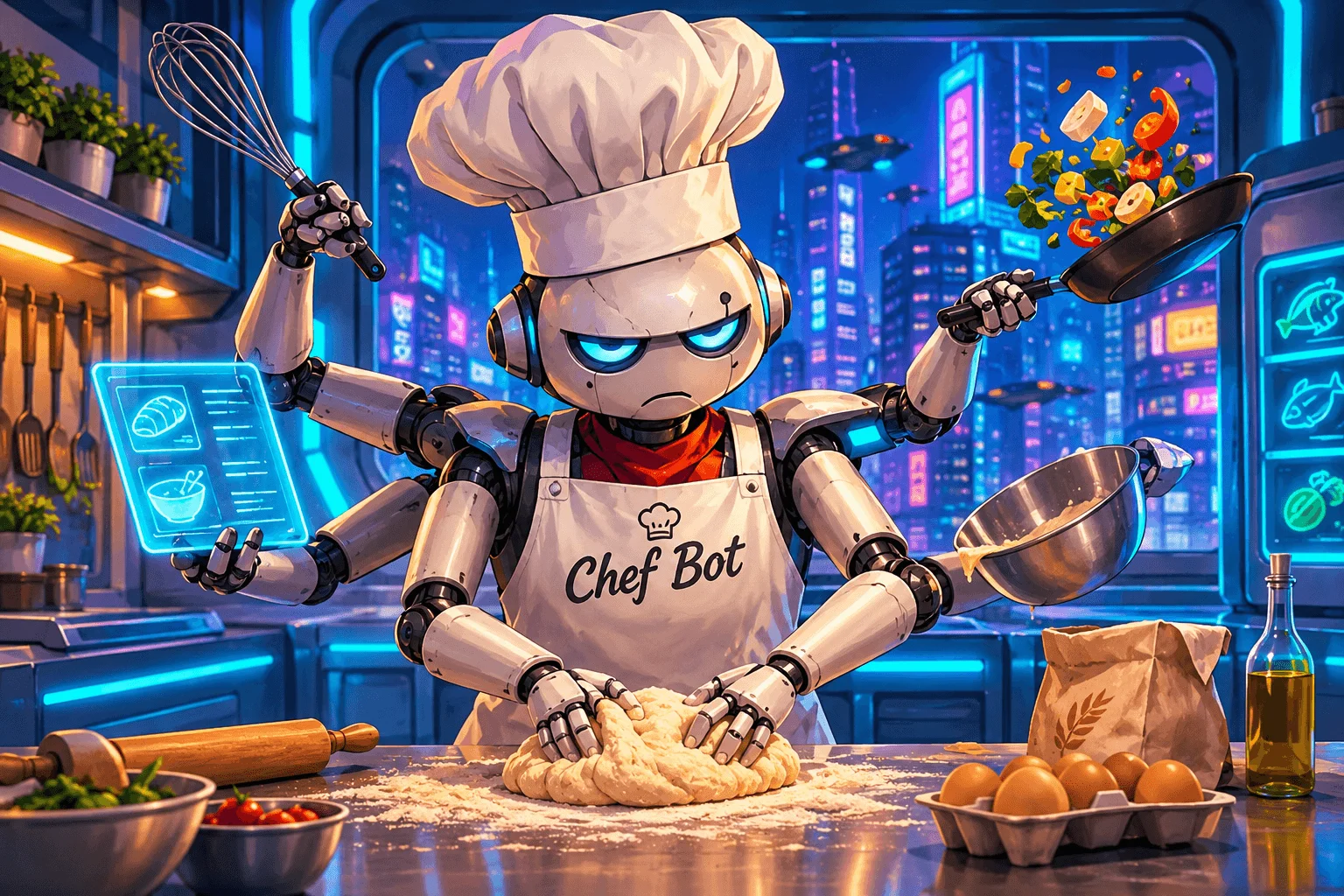 Robot chef futuriste multi-bras en cuisine, pétrissant de la pâte, consultant une tablette holographique, ville néon en fond.