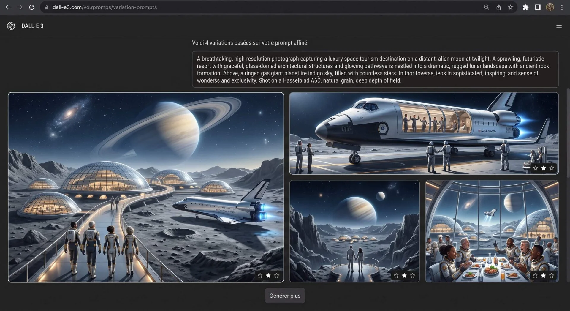 Créations DALL-E 3 : variations d'un prompt pour tourisme spatial de luxe sur lune, avec navette, bases futuristes et planètes.