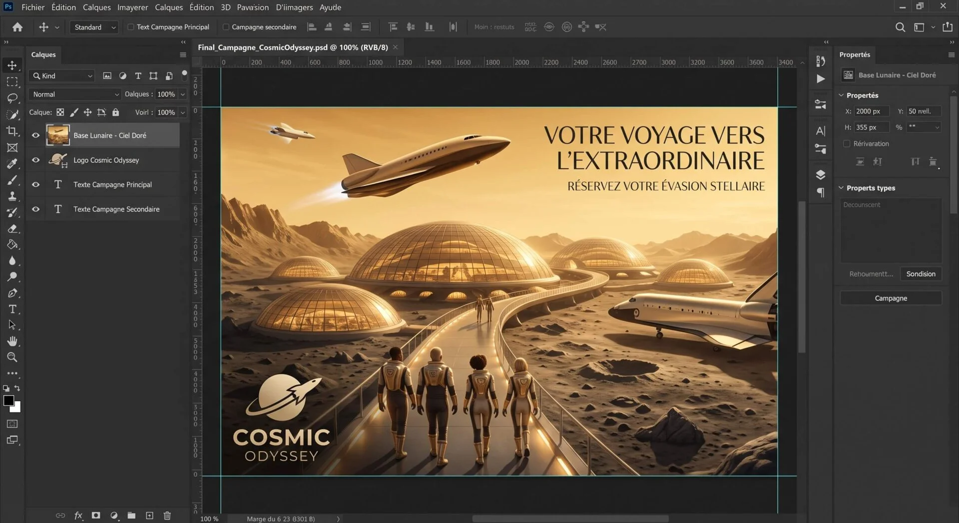 Visuel futuriste généré par DALL-E 3: explorateurs sur une base spatiale, dômes, vaisseaux. Évasion stellaire et création IA.