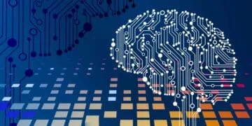 Cerveau stylisé en circuit imprimé blanc sur fond bleu foncé, avec motifs technologiques et grille lumineuse. Représente l'agent IA et la boucle agentique.