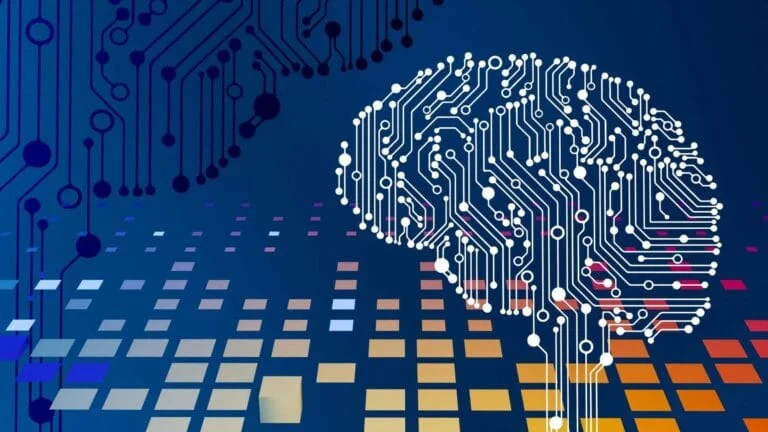 Cerveau stylisé en circuit imprimé blanc sur fond bleu foncé, symbolisant les Agents IA et la boucle agentique pour le code autonome.