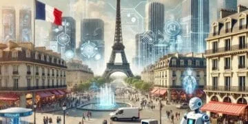 Paris futuriste avec Tour Eiffel, drapeau français, robot humanoïde, circuits lumineux et logos IA. Scène d'adoption de l'IA générative en France.