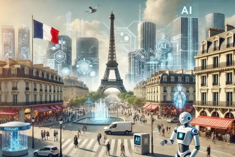 Paris futuriste avec Tour Eiffel, drapeau français, robot humanoïde, hologrammes et circuits d'IA sur les bâtiments, symbolisant l'adoption de l'IA générative en France.
