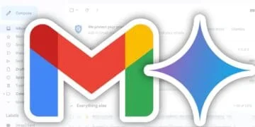 Logo Gmail (M coloré) et logo Gemini (étoile scintillante violette/bleue) fusionnent sur fond d'interface Gmail, symbolisant l'IA générative et l'expérience augmentée de la messagerie.