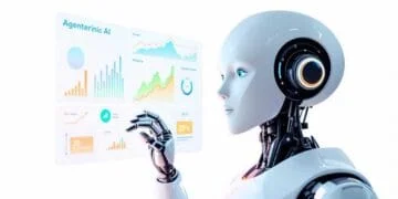 Robot humanoïde blanc manipulant un écran holographique de données. Symbole de l'IA autonome et de son analyse future.