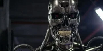 Crâne robotique métallique (Terminator) aux yeux rouges lumineux, symbolisant une IA rebelle et la menace de l'intelligence artificielle.