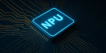 Puce NPU lumineuse bleue sur circuit imprimé sombre avec pistes dorées, symbolisant l'intelligence artificielle pour Copilot+ PC.