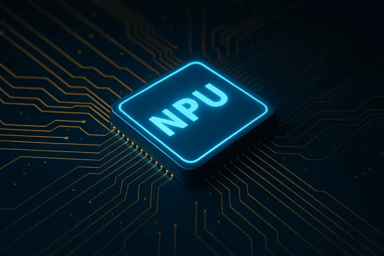 Luminous blue NPU chip on dark PCB with gold tracks, symbolizing artificial intelligence for Copilot+ PC.