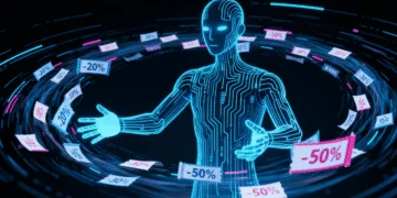 Figure humanoïde IA faite de circuits lumineux gérant des coupons de réduction, symbolisant le commerce agentique et la vente sans paiement.