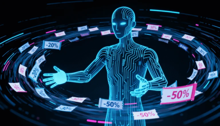 Figure humanoïde IA faite de circuits lumineux gérant des coupons de réduction, symbolisant le commerce agentique et la vente sans paiement.