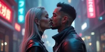 Couple s'embrassant tendrement sous des lumières néon vives dans une rue urbaine nocturne. Ambiance romantique et futuriste.