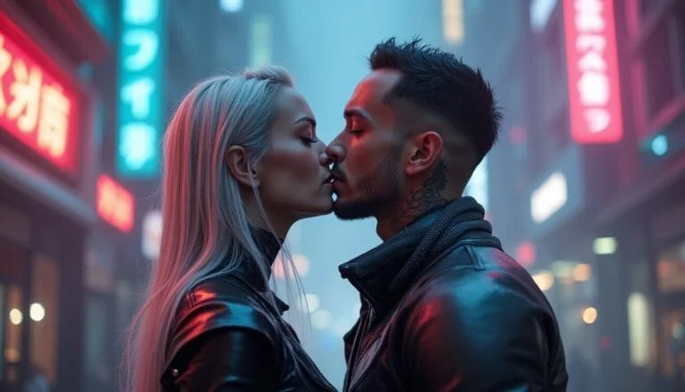 Couple s'embrassant tendrement sous des lumières néon vives dans une rue urbaine nocturne. Ambiance romantique et futuriste.
