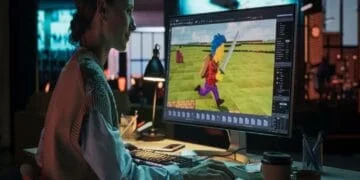 Développeuse concentrée sur l'écran, créant un personnage de jeu vidéo 3D avec une épée. L'IA générative et le développement.