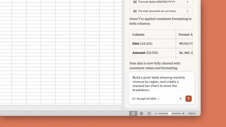 Anthropic's Claude interface in Excel, featuring automatic date/amount formatting and a suggestion for a pivot table.