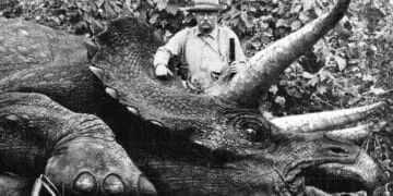 Homme au chapeau posant fièrement à côté d'un Tricératops mort dans la jungle, une image générée évoquant le vrai du faux visuel.