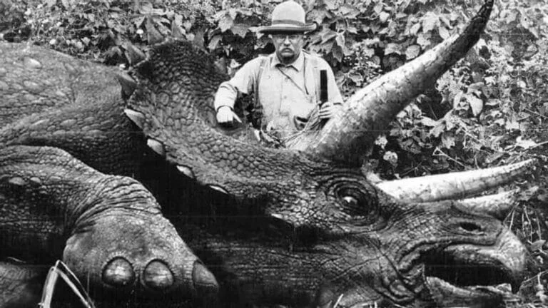 Man with hat posing proudly next to a dead Triceratops in the jungle, a generated image evoking the real from the fake visual.
