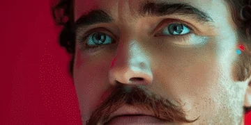 Gros plan sur un homme aux yeux bleus intenses, éclairé par une lumière futuriste. Évoque l'IA Multimodale qui voit et comprend le monde.