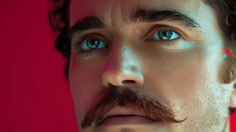 Close-up of a man with intense blue eyes, illuminated by a futuristic light. Evokes the Multimodal AI that sees and understands the world.