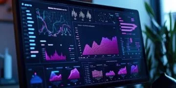 Écran d'ordinateur affichant des tableaux de bord et graphiques de données complexes en violet et bleu. Illustre l'analyse d'intelligence artificielle et la révolution technologique.