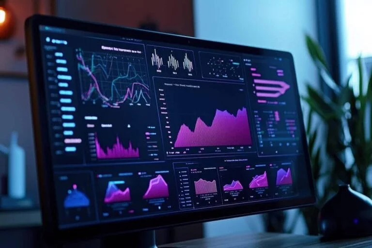 Écran d'ordinateur affichant des tableaux de bord et graphiques de données complexes en violet et bleu. Illustre l'analyse d'intelligence artificielle et la révolution technologique.